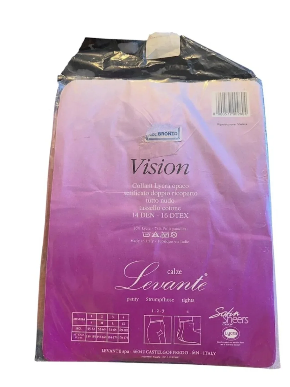 Levante Vision Opaque Pantyhose Lot Of 2 Tag 3 Bronze & Grigio Italy 14-15 Den.
